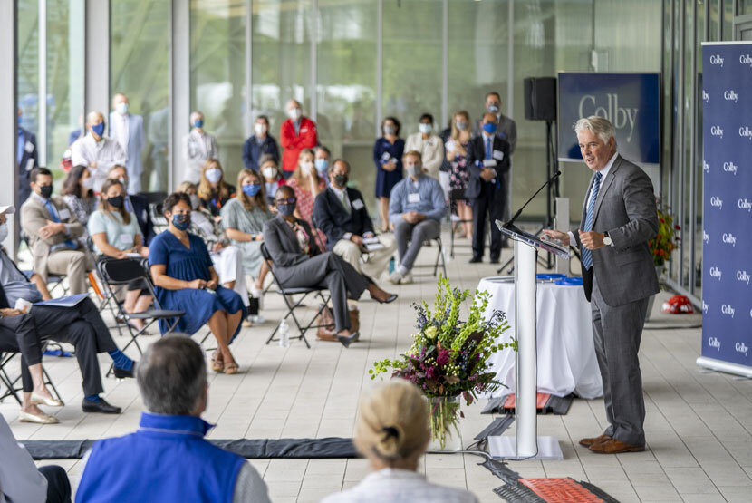 President David A. Greene addresses a gathering assembled August 18, 2020 for ribbon-cutting ceremonies for the Harold Alfond Athletics and Recreation Center, including members of the Alfond family, and other supporters of the $200 million project. 