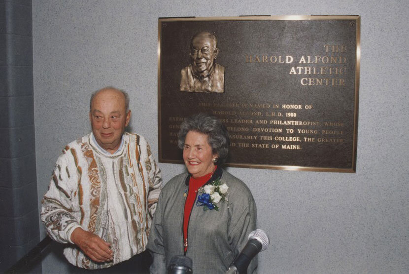 Harold Alfond L.H.D. ’80 and his wife Dorothy “Bibby” Levine Alfond ’38 at the dedication of the Harold Alfond Athletic Center, Oct. 1, 1994. 