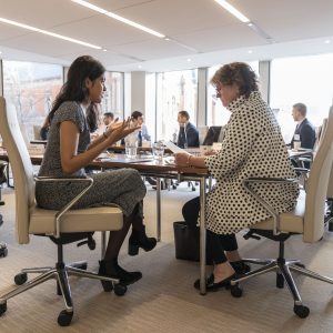 Two women engage in conversation at a meeting table, surrounded by other professionals in a bright, modern office setting.