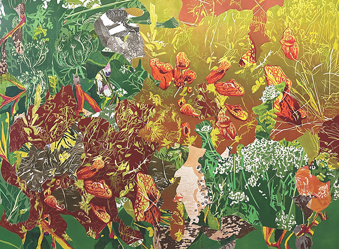 Vibrant abstract artwork featuring an array of colorful plants and flowers set against a textured background.