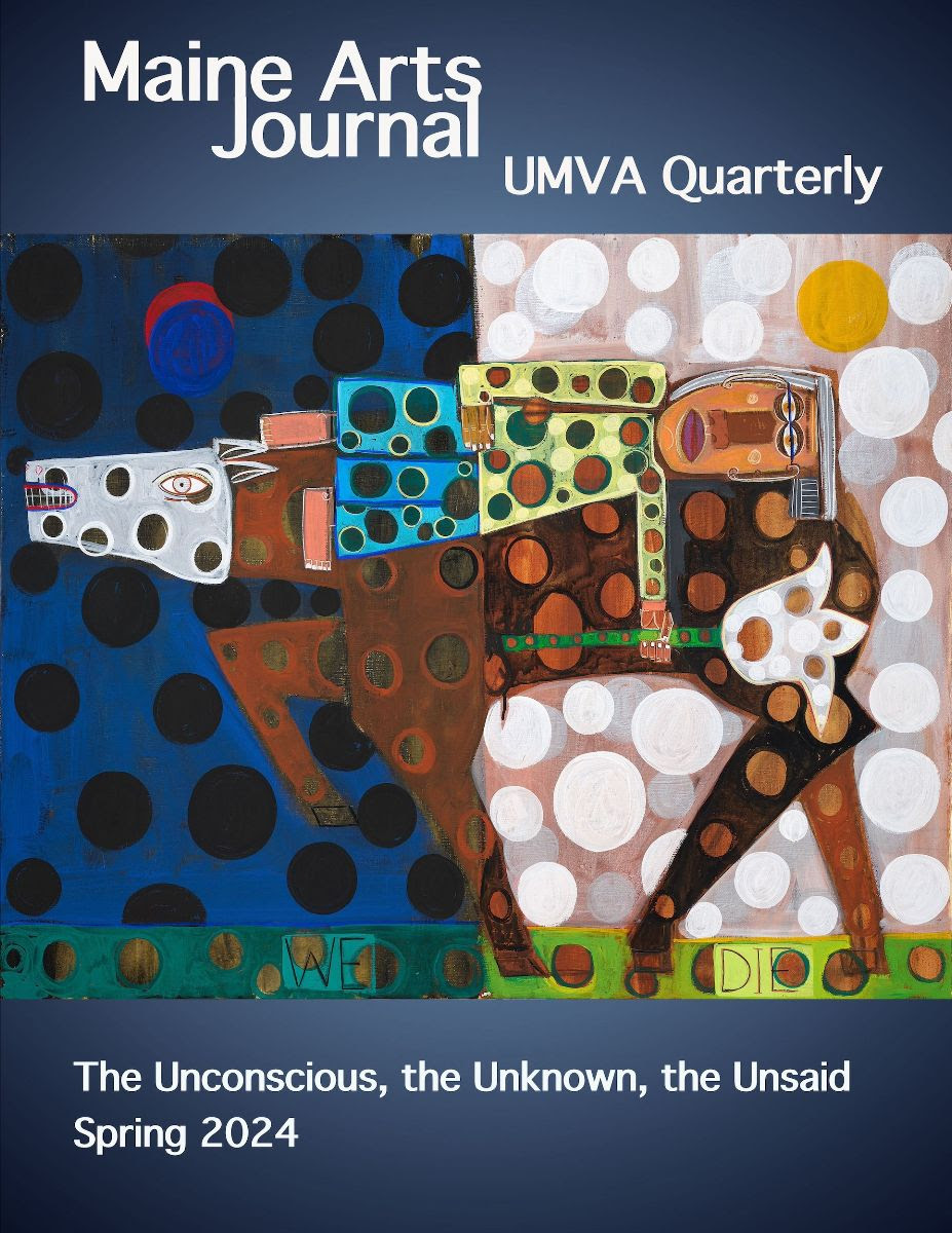 Cover of Maine Arts Journal featuring an abstract artwork with a colorful horse and whimsical polka dots, titled Spring 2024.