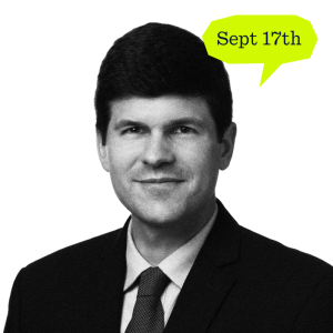 A professional man in a suit with a speech bubble indicating a date, September 17th, on a transparent background.