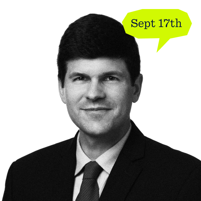 A professional man in a suit with a speech bubble indicating a date, September 17th, on a transparent background.