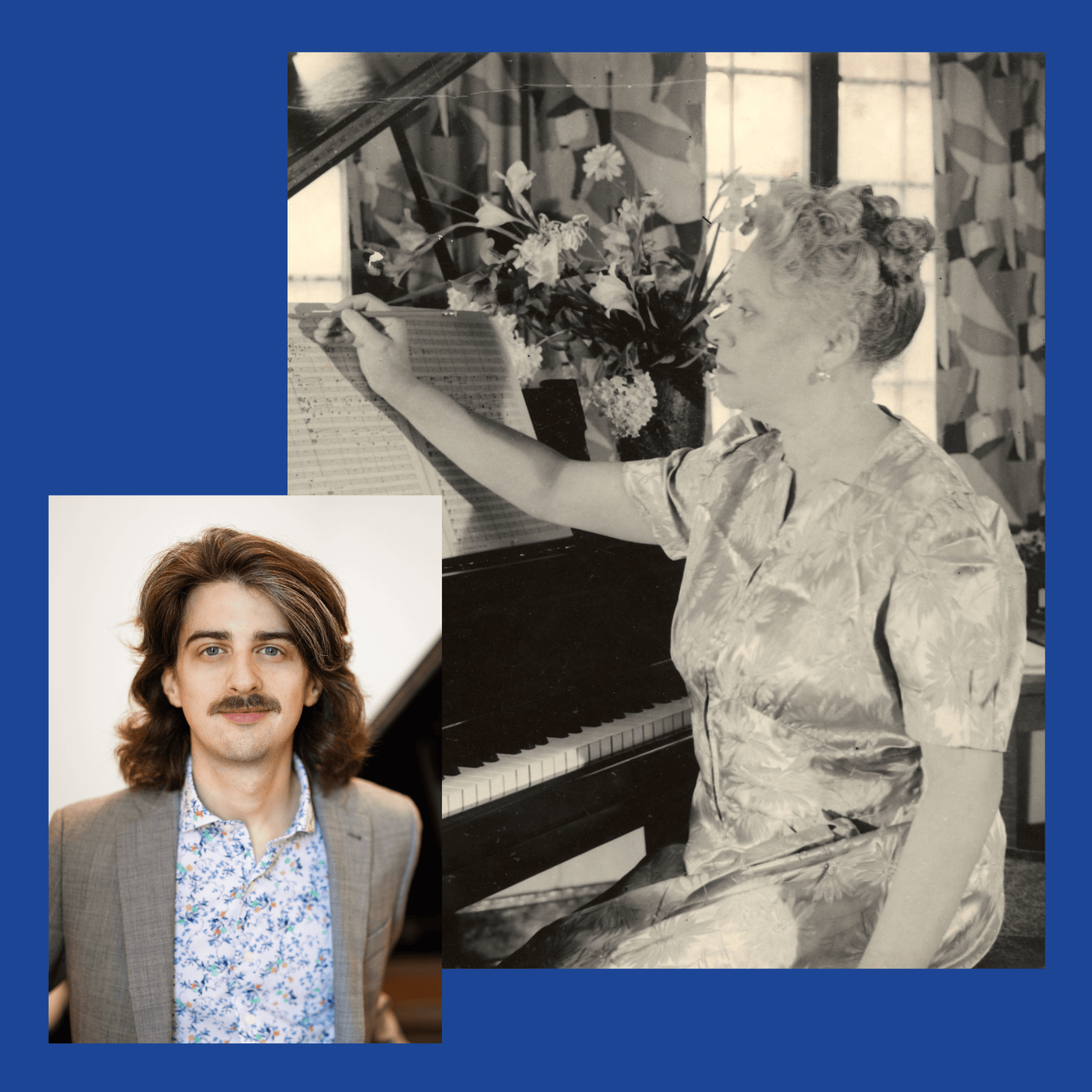 A split image featuring a woman at a piano and a man in a suit with a floral shirt, set against a blue background.