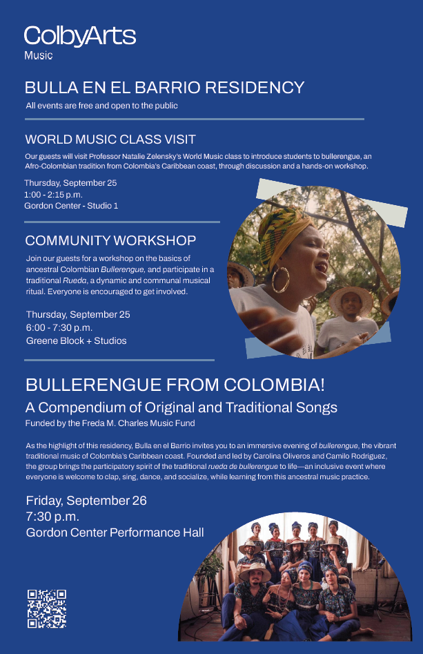 Poster for Colby Arts events featuring music residency, world music class visit, community workshop, and performance details.