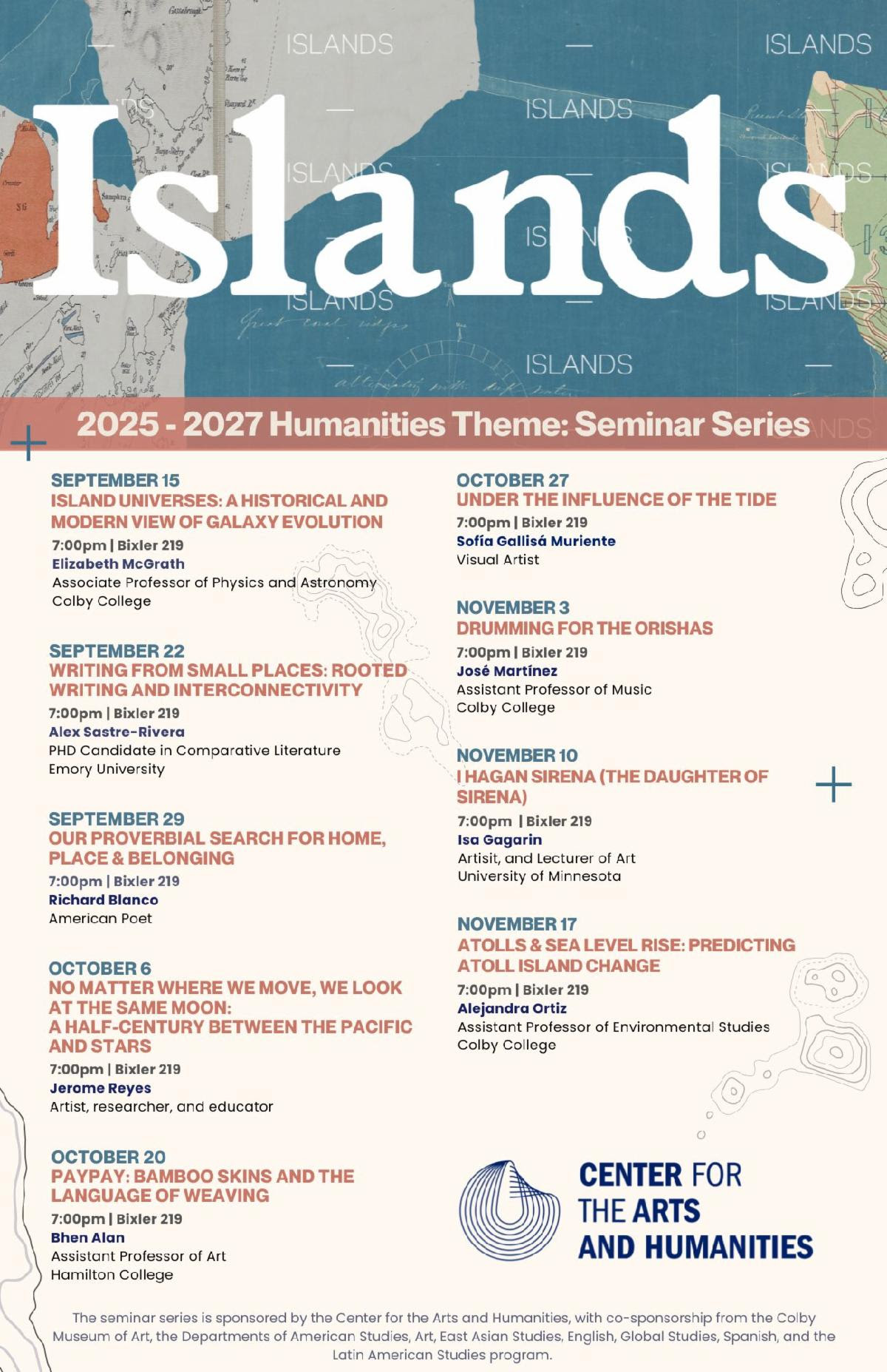 Promotional poster for the 2025-2027 Humanities Seminar Series focusing on islands, featuring event details and dates.
