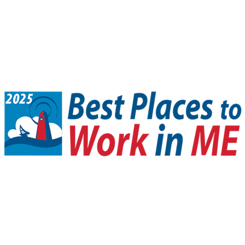 Logo showcasing the text Best Places to Work in ME 2025 with a lighthouse graphic and blue and red colors.