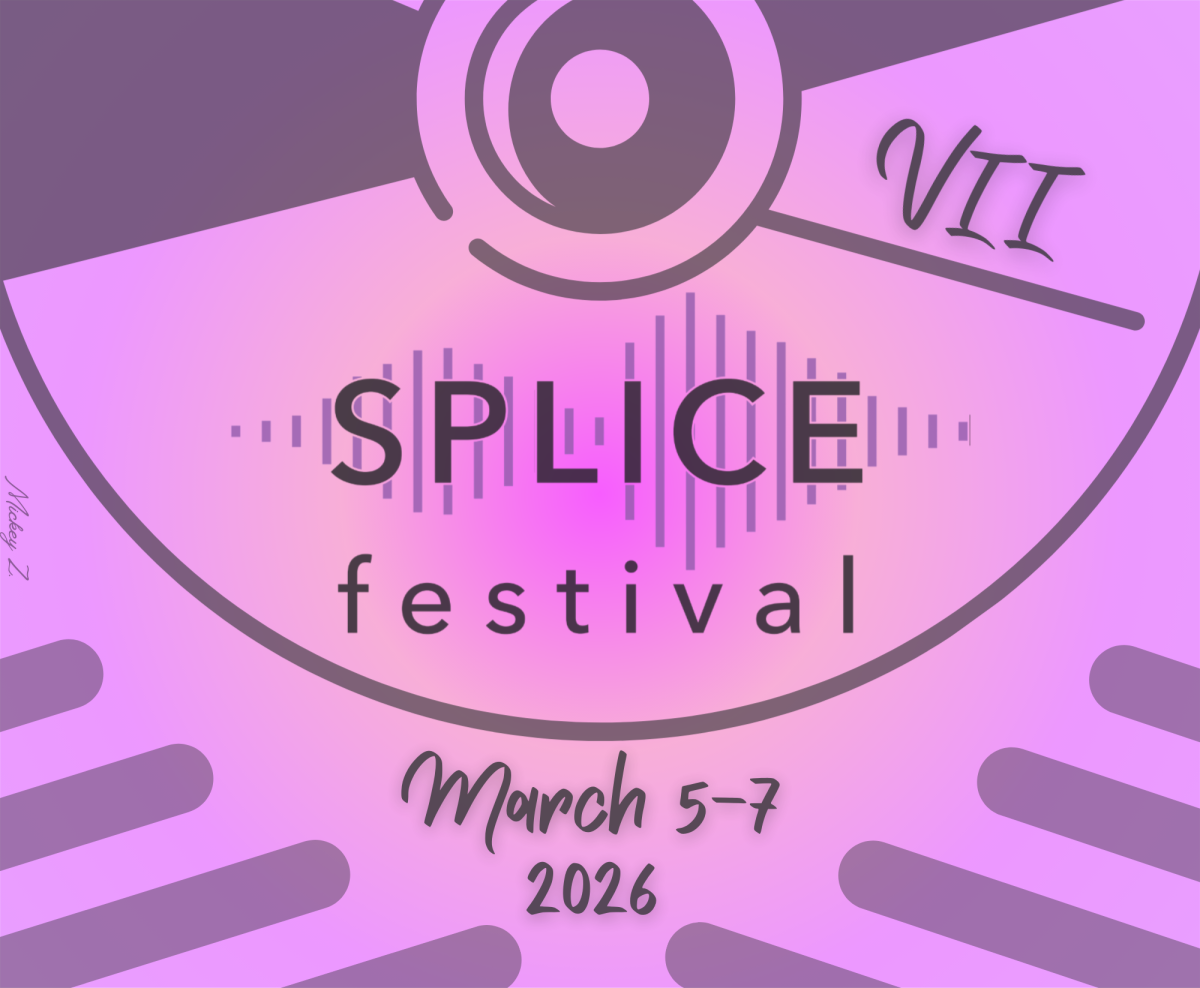 Graphic design for Splice Festival VII featuring event name, date, and stylized elements on a pink background.