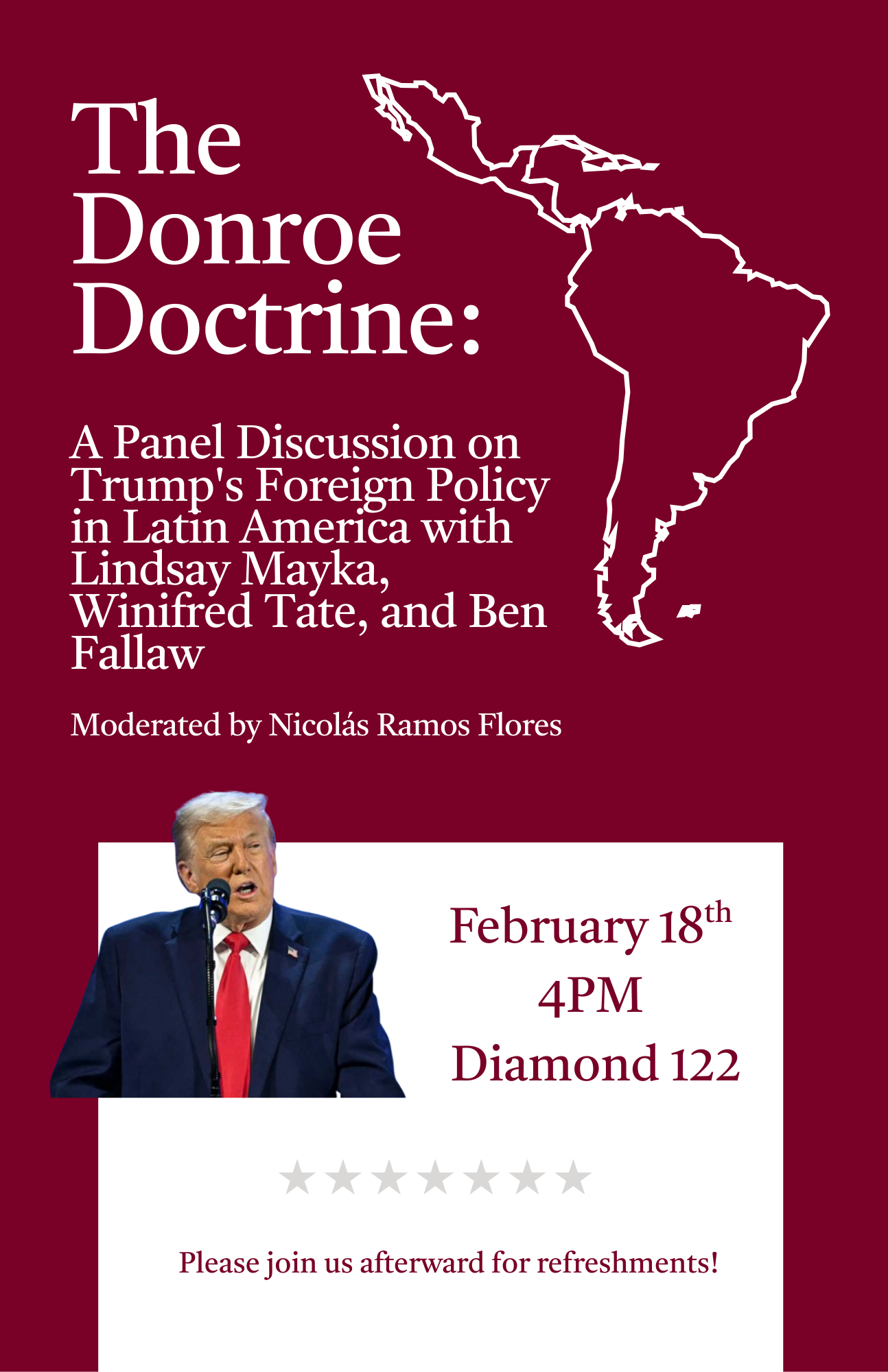 Event poster for a panel discussion on Trumps foreign policy in Latin America featuring multiple speakers and a photo of Trump.