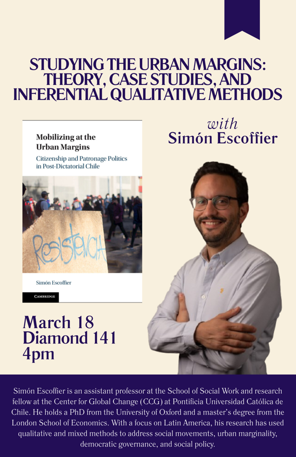 Poster for a lecture on urban margins by Simón Escoffier, detailing event date, location, and speakers background.