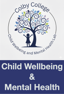 Graphic showing a child raising hands under a tree with text saying Colby College Child Wellbeing and Mental Healthy with text below saying ‘Child Wellbeing & Mental Health’