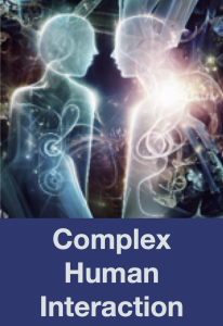 Graphic depicting two humanoid forms looking at each other with text below saying ‘Complex Human Interaction’