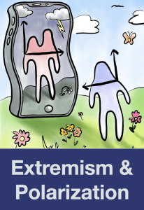 Graphic of a distribution looking into a mirror with a distorted and extremified distribution with text below saying ‘Extremism and Polarization’