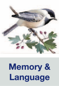 Graphic of a chickadee perched on a branch with text below saying, 'Memory & Language'